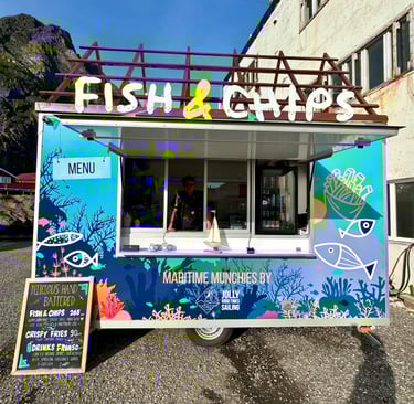 Maritime Munchies fish and chips food truck in Moskenes, Lofoten, serving freshly made fish and chip
