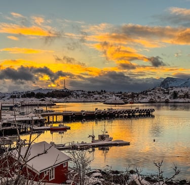 Rainbow over the harbor in Moskenes, Lofoten