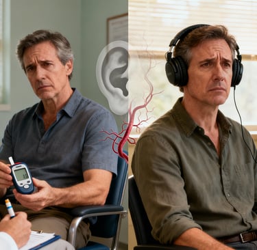 Diabetes e perda auditiva: homem em consulta médica com glicosímetro e teste auditivo com fones