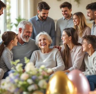 Família celebrando Páscoa com avós, pais e netos, mostrando renascimento auditivo e conexão familiar