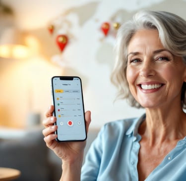 Mulher sorridente ajustando aparelho auditivo Starkey remotamente via smartphone, com mapa-múndi