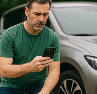 Homem preocupado com chave de carro perdida, olhando o celular.