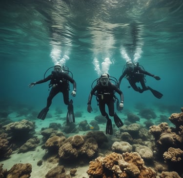 A person wearing snorkeling gear is diving underwater surrounded by a school of striped fish. The diver is moving gracefully above a vibrant coral reef immersed in the deep blue ocean. Bubbles and sunlight filtering through the water create a serene, immersive atmosphere.