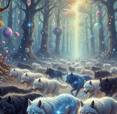 100s of wolfs running in the forest