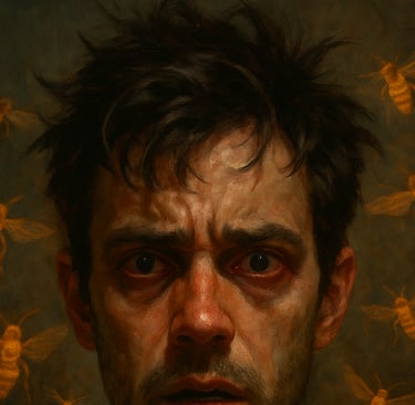 a man with bees around his head