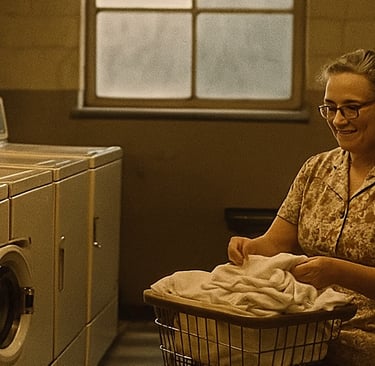 a woman in a laundry room with a basket basket