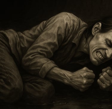 Man with teeth clenched like fists