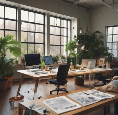 an office with a lot of desks and chairs