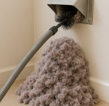 Pile of dryer vent lint with brush, Clean dryer Vent when using King Organic Clean
