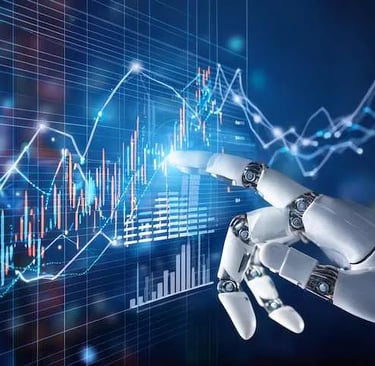 a robot hand holding a finger up to a stock market chart