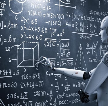 a robot with a robot in front of a blackboard