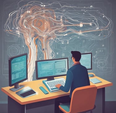 um homem sentado no escritório com um computador