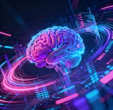 IA générative, cerveau numérique, lumières vives.
