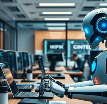People working alongside artificial intelligence tools in a modern office setting.