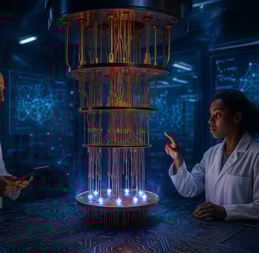 a man and woman in lab coats standing in front of a large display of electronic