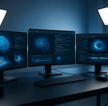 "Três monitores exibindo ecrãs de computador com teclado, simbolizando criação de conteúdo com IA.