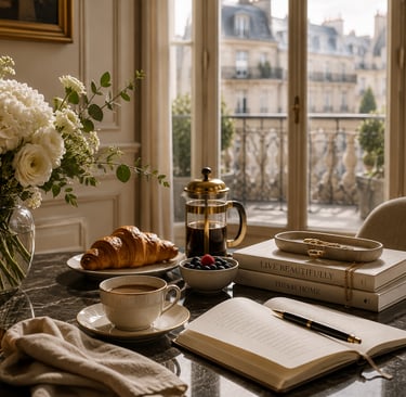 Elegant Parisian breakfast with coffee, croissants, and white flowers on a marble table overlooking a balcony.