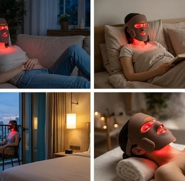 Woman using a red light therapy facial mask for skincare and anti-aging at home.