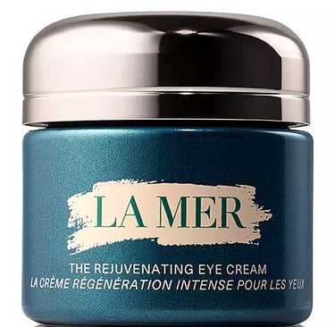 La Mer The Rejuvenating Eye Cream in a luxurious dark green jar with a metallic silver lid.