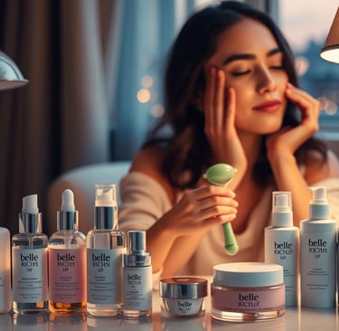 a woman is sitting at a table with a lot of skin care products