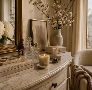 Elegant Parisian style bedroom dresser featuring a lighted candle, white peonies, and jewelry.