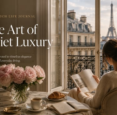 A woman reads by an open window overlooking the Eiffel Tower in a Parisian apartment with peonies and coffee.