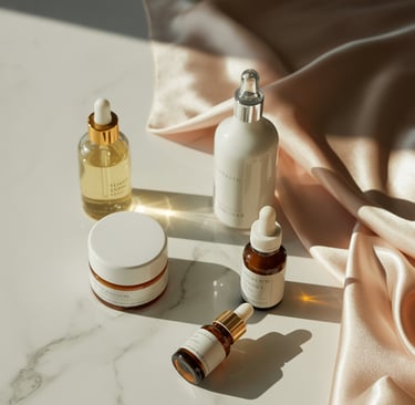 Luxury skincare serum bottles and cream jar on a white marble surface with silk fabric.