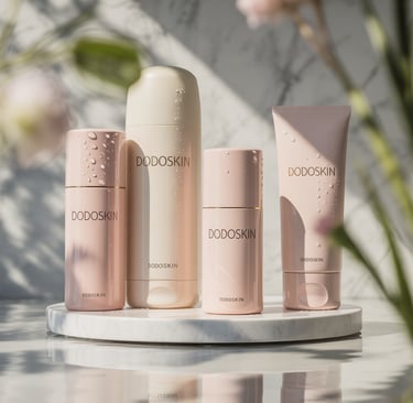 Dodoskin luxury skincare products in pink bottles on a marble pedestal with soft floral shadows.