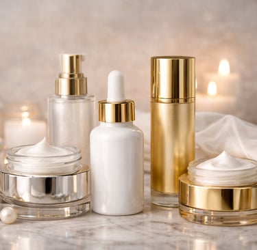 Luxury skincare products including face cream jars and serum bottles with gold accents on marble.