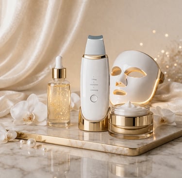 Ultrasonic skin scrubber with LED face mask and luxury anti-aging skincare products on marble.
