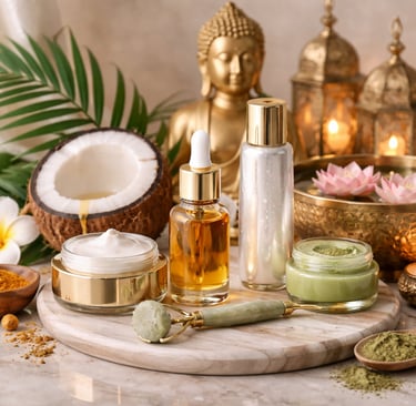 Ayurvedic skincare set with natural oils, face cream, and jade roller on a marble table with Buddha statue.