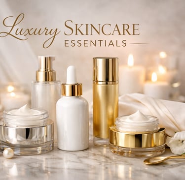 Luxury skincare essentials set featuring face cream jars and serum bottles on a marble surface with candles.