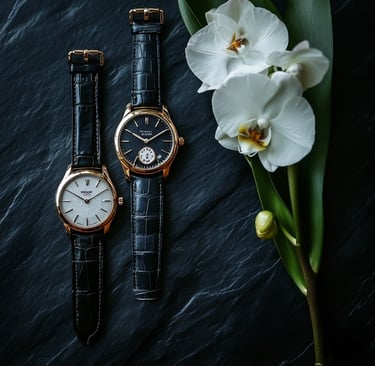 Two luxury rose gold watches with black leather straps next to a white orchid on slate.