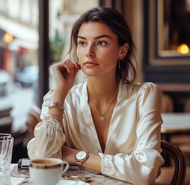 Elegant woman in a silk blouse wearing gold jewelry and a watch at a Parisian cafe.