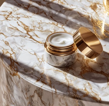 Luxury face cream in a marble jar with a gold lid on a white and gold marble table.