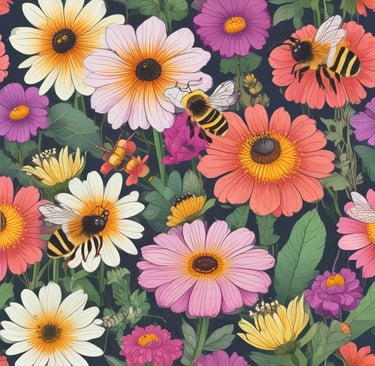 A small garden area with various plants growing, featuring a wooden shed in the middle distance. Surrounding trees and shrubs add to the greenery, while two blue containers and a wooden sled type structure are also present. The garden beds are organized and show a variety of plants and vegetables.