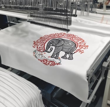 A close-up of colorful custom embroidered designs on fabric.