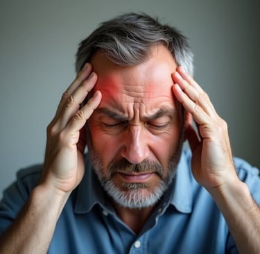 a man with a beard and a beard, holding his hands to his head in pain