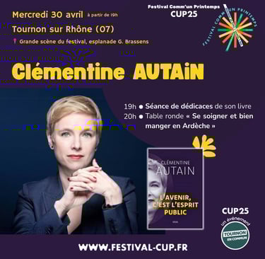 Affiche de l'annonce de la présence de Clémentine Autain à Tournon sur Rhône au festival CUP25