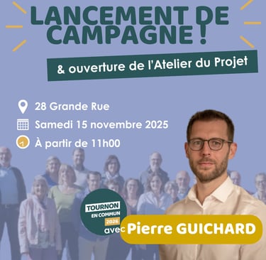 Visuel annonçant le lancement de la campagne "Tournon en Commun 2026 avec Pierre GUICHARD"