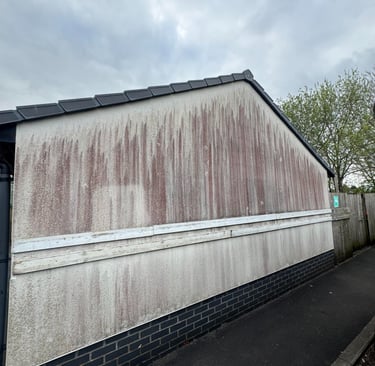 before and after photo of render cleaned by webster exterior in blackpool