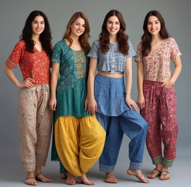 A store display filled with an assortment of colorful handcrafted items including plush toys, hanging decorations, and patterned pouches. Shelves are packed with creatively designed products, exhibiting vibrant textiles and intricate patterns. The scene is lively with a clutter of colors and textures, giving a sense of artisanal craftsmanship.