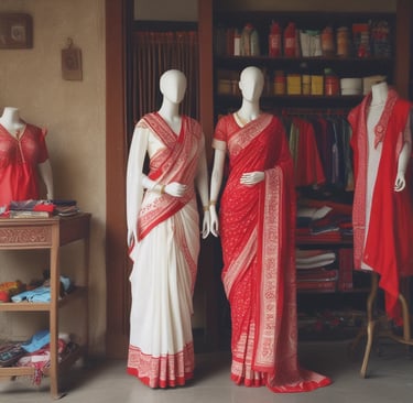 A vibrant display of luxurious silk sarees in various colors.