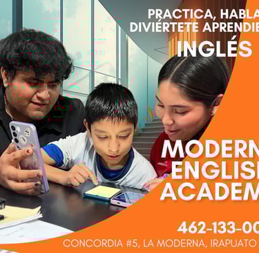 Students practicing English with mobile devices at Moderna English Academy in Irapuato, GTO.