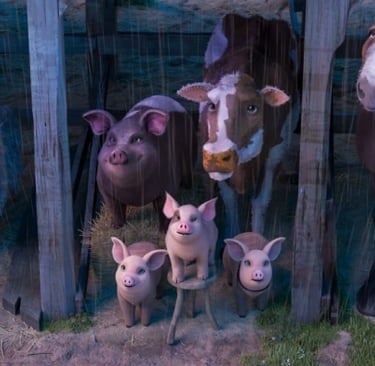 Image of animals in a pen looking up at viewer.