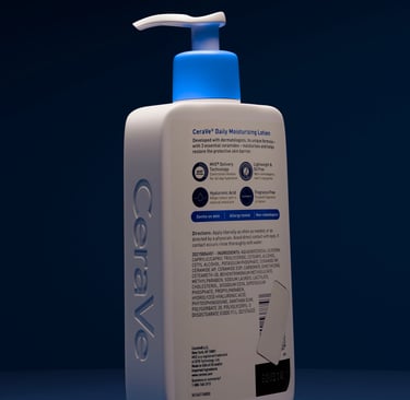 A rear corner view of our 3D model of CeraVe lotion that shows the detail of the texturing work