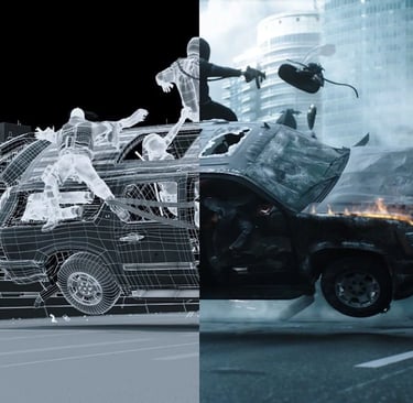 VFX Image of a wrecked SUV.