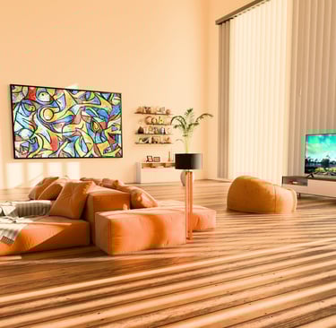 A 3D rendering of a vibrant, well-lit living room