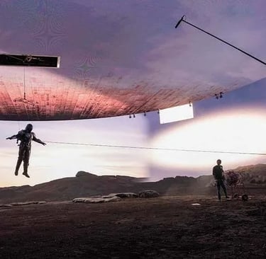 The Mandalorian in the air during production of the tv show in a LED Vol studio.
