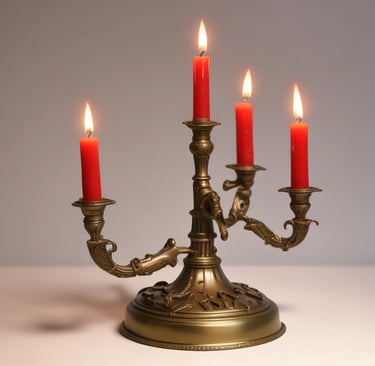 A vintage metal candelabrum with three holders, each adorned with melted and dripped wax, creating a dramatic and artistic effect. The background is dimly lit, emphasizing the intricate details of the wax and the aged texture of the candelabrum.